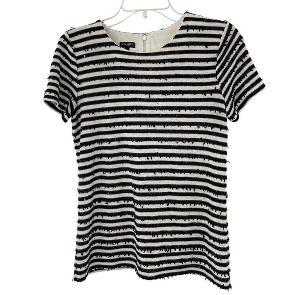 Talbots TexturedBlack/Tan Striped‎ Short Sleeved Shirt Size Small Petite
